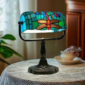 Tiffany Style Bankers Lamp - Stained Glass Desk Lamp with Pull Chain, Dragonfly